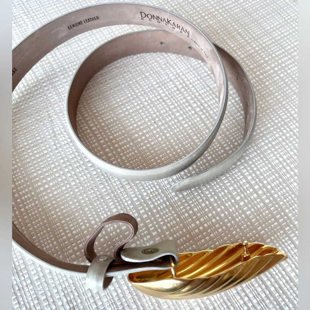 Vintage Rare Donna Karan Gold Shell Robert Lee Morris Buckle Leather Belt 90s